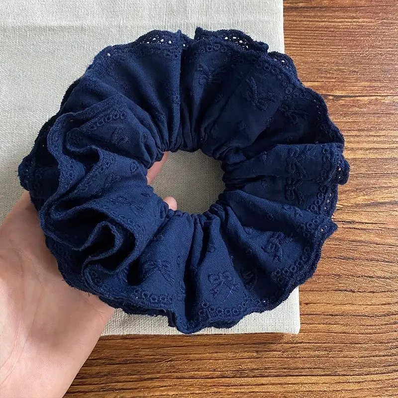 1PC Ballet-style Navy Blue Embroidered Bow Four-layer Cotton Scrunchie - Literary and Elegant Hair Tie for Bun Hairstyles