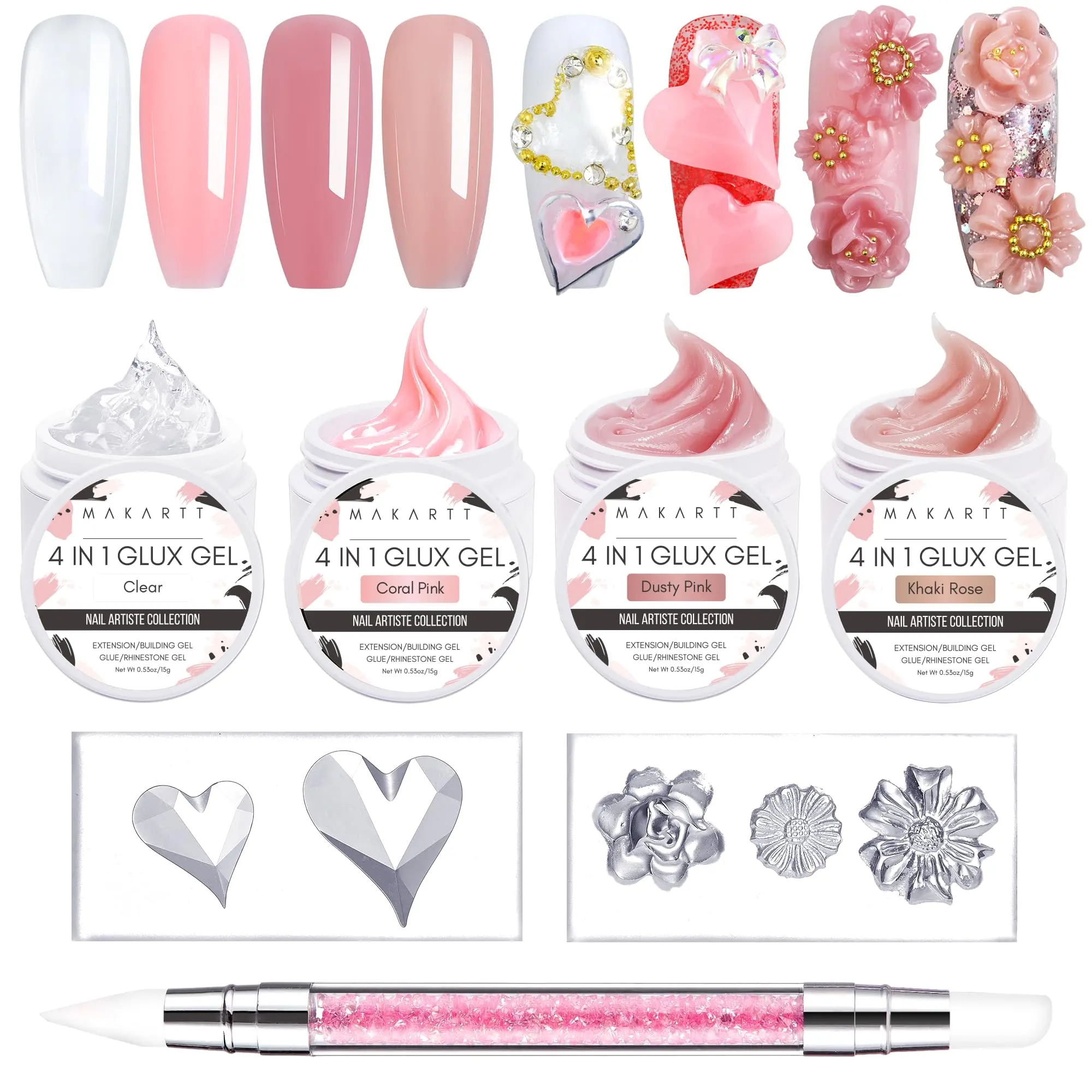 Makartt Solid Gel Builder Nail Care Starter Kit - Valentine's Day Kit, Nude Shade, Nail Extension, 3D Art, UV Glue, Rhinestones, Sculpting Supplies, Flower Molds, Sculpting Brush