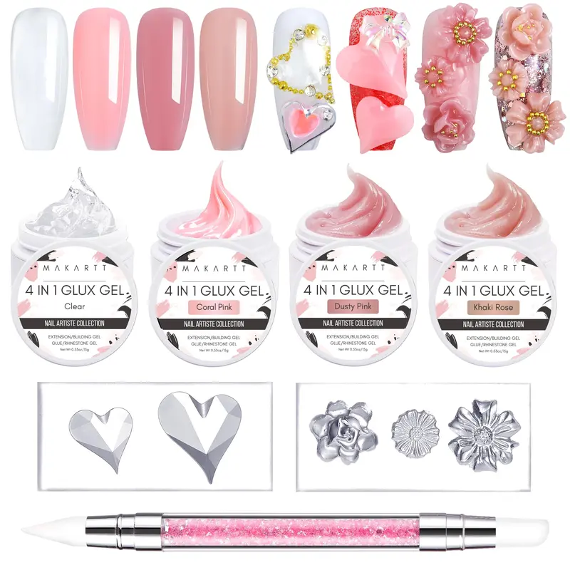 Makartt Solid Gel Builder Nail Care Starter Kit - Valentine's Day Kit, Nude Shade, Nail Extension, 3D Art, UV Glue, Rhinestones, Sculpting Supplies, Flower Molds, Sculpting Brush