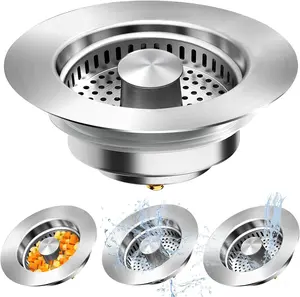 2025 Upgraded 3-in-1 Kitchen Sink DrainStrainer, 304 Stainless Steel Sink Plug SinkStopper, Deodorizing Anti-Clog Basket Strainerfor US Standard 3-1/2 Inch Drains