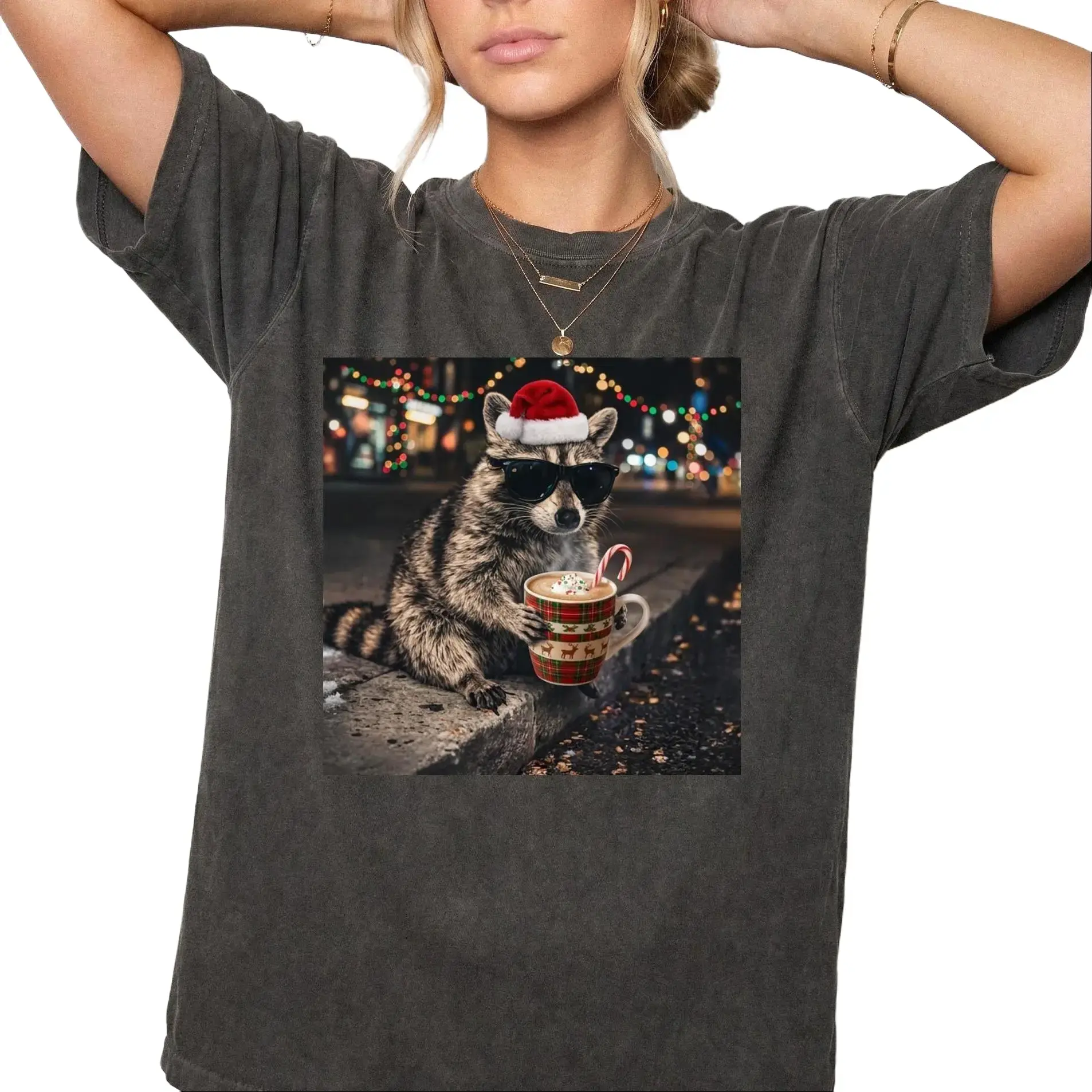 Funny Christmas Raccoon Drinking Shirt, Animal Meme Tee, Trash Panda Xmas Shirt,Raccoon Gift, Unisex Graphic T Shirt, Funny Christmas tee