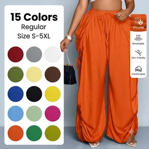Women's Casual High-Rise Wide Leg Trousers in a Plain Woven Fabric with an Adjustable Side Drawstring for Comfortable Daily Wear