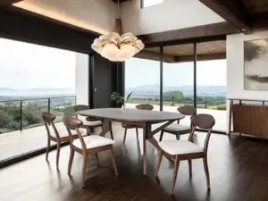 FM30005WN-OT-7PC 7 pc Sargans Rich Walnut Finish Wood Mid-Century Modern Oval/Round Dining Table Set with Fabric Seats