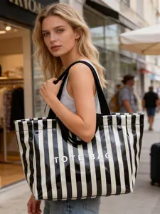 New Black White Striped Tote Bag Women Shiny Waterproof Large Capacity Durable Versatile Commute Street Shoulder Bag Simple Elegant Daily All Occasions