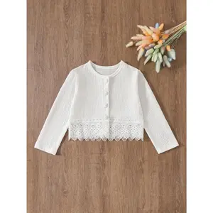 Girl's Knitted Cropped Cardigan, Short Sleeve, Crinkle, Floral Hem, Button-Up, All-Season Cardigan Dress/Cover-Up, Suitable Daily Casual Outings, Shawl Cardigan. Garment Length Includes Hem. Size and Care Label Included