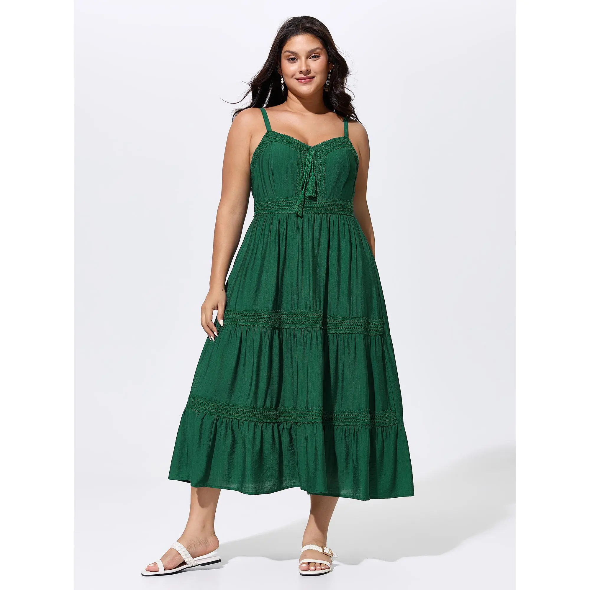BLOOMCHIC Plus Size Tassel Lace Trim Tiered Midi Dress[M-6X] Summer Finds