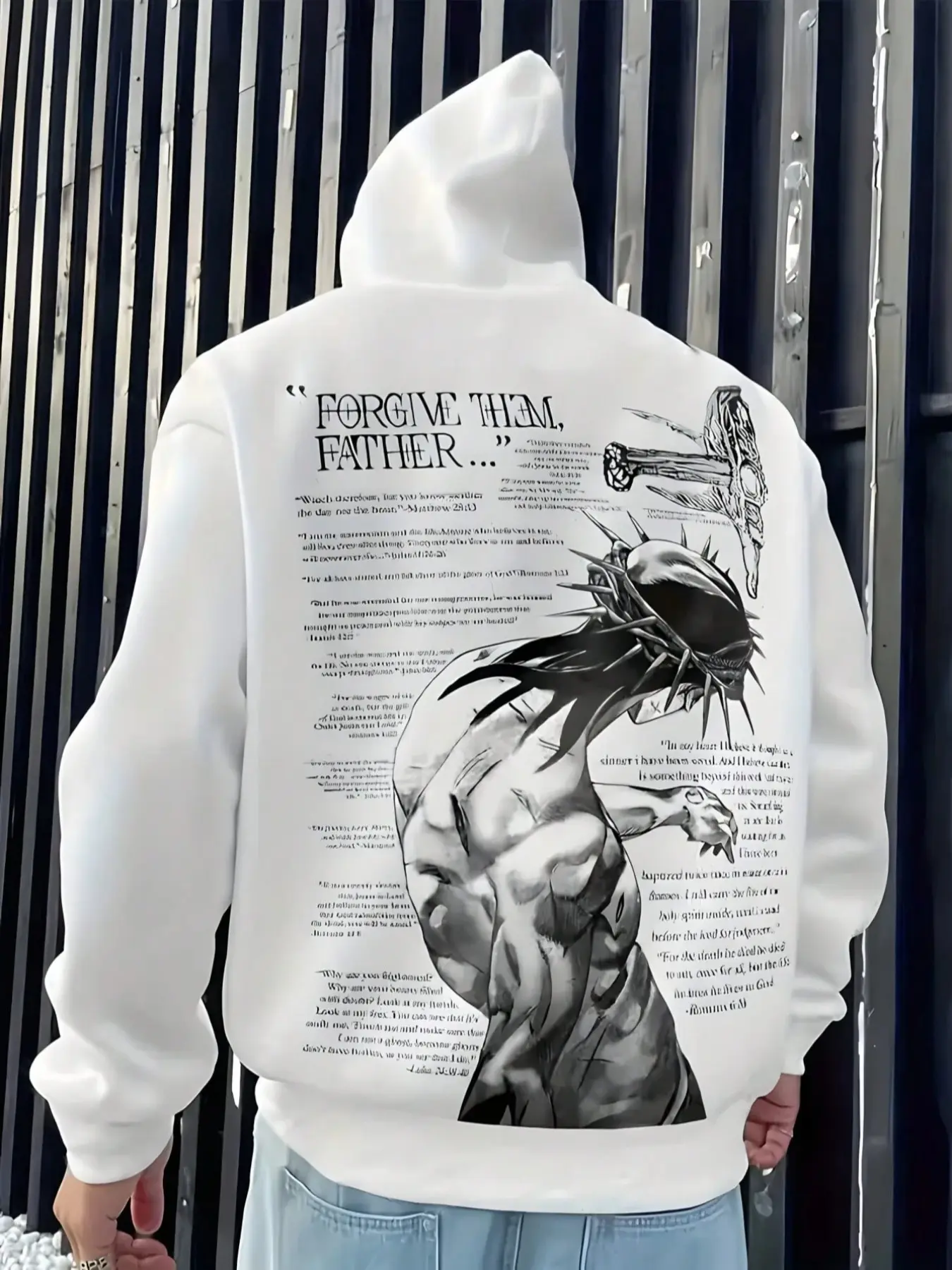 Men's Religious Graphic Hoodie, Forgive Them, Father... Print, Bibical Art, Oversized Hooded Sweatshirt, Streetwear & Faith-Inspired Style, Fitted