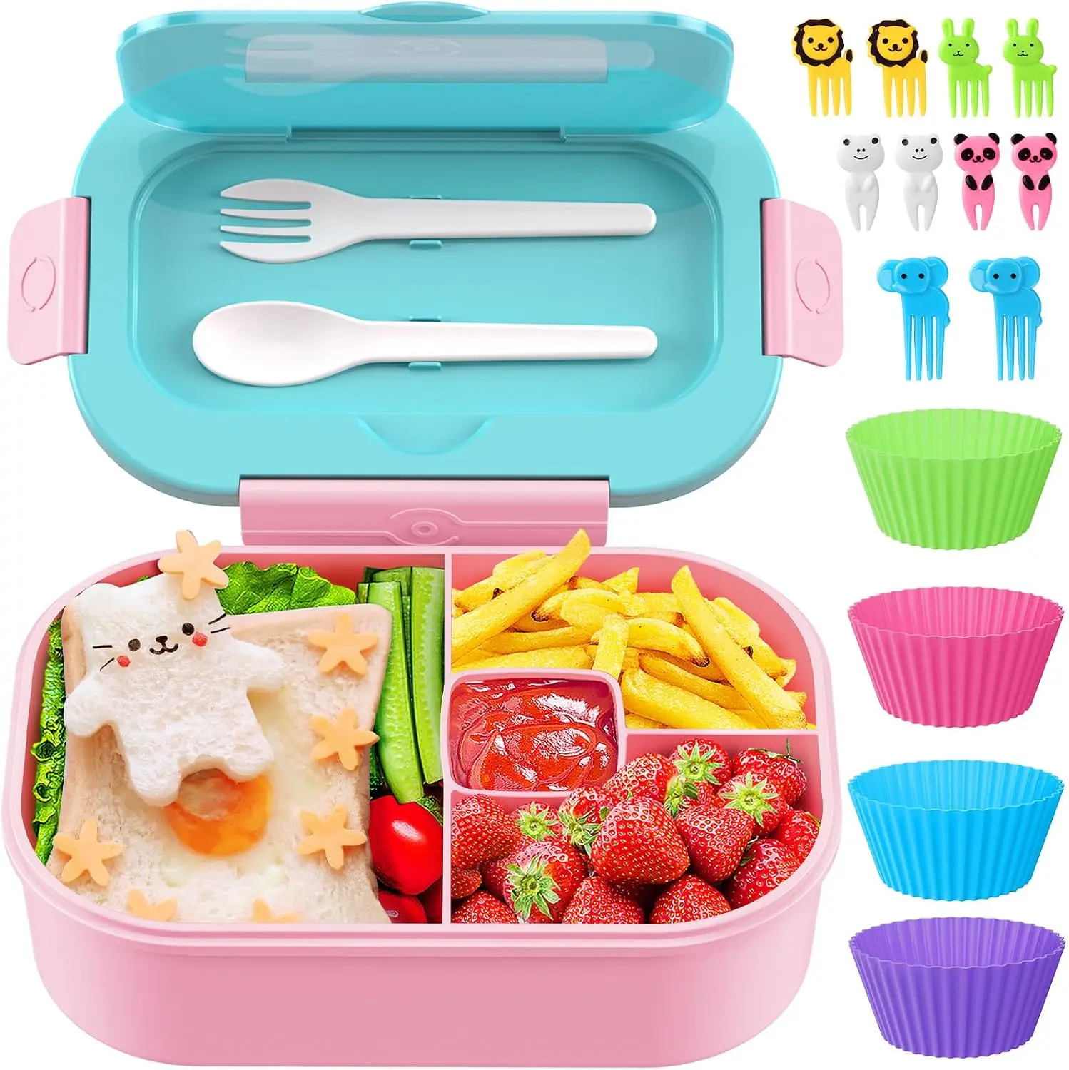 Lunch Box Kid Adult Bento Box, 4-Compartment Food Lunch Containers with Fork & Spoon, BPA Free, Leak-Proof Bento-Style Lunch Box for Work School, Microwave & Dishwasher Safe (Candy) TIME4DEALS