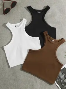 Women's Solid Round Neck Racer Back Sports Vest, Quick Drying Breathable Crew Neck Tank Top for Yoga Gym Workout, Ladies Sportswear for All Seasons, Athletic Yoga Tops