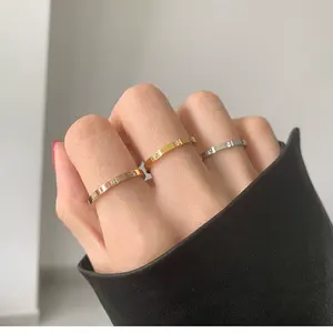Titanium Steel Waterproof Clear Stone Inlay Finger Stacking Ring for Women Geometric Pattern Female Statement Party Rings Stackable Tri Tone Rings Mixed Metal Ring XPEL