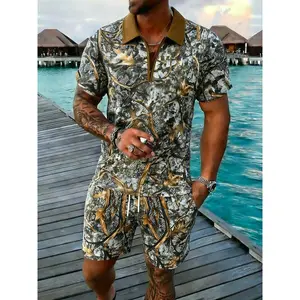 Men's Summer Camo Leaf Print Shorts & Short Sleeve T-Shirt Set, Sports Casual Letter Pattern Tracksuit