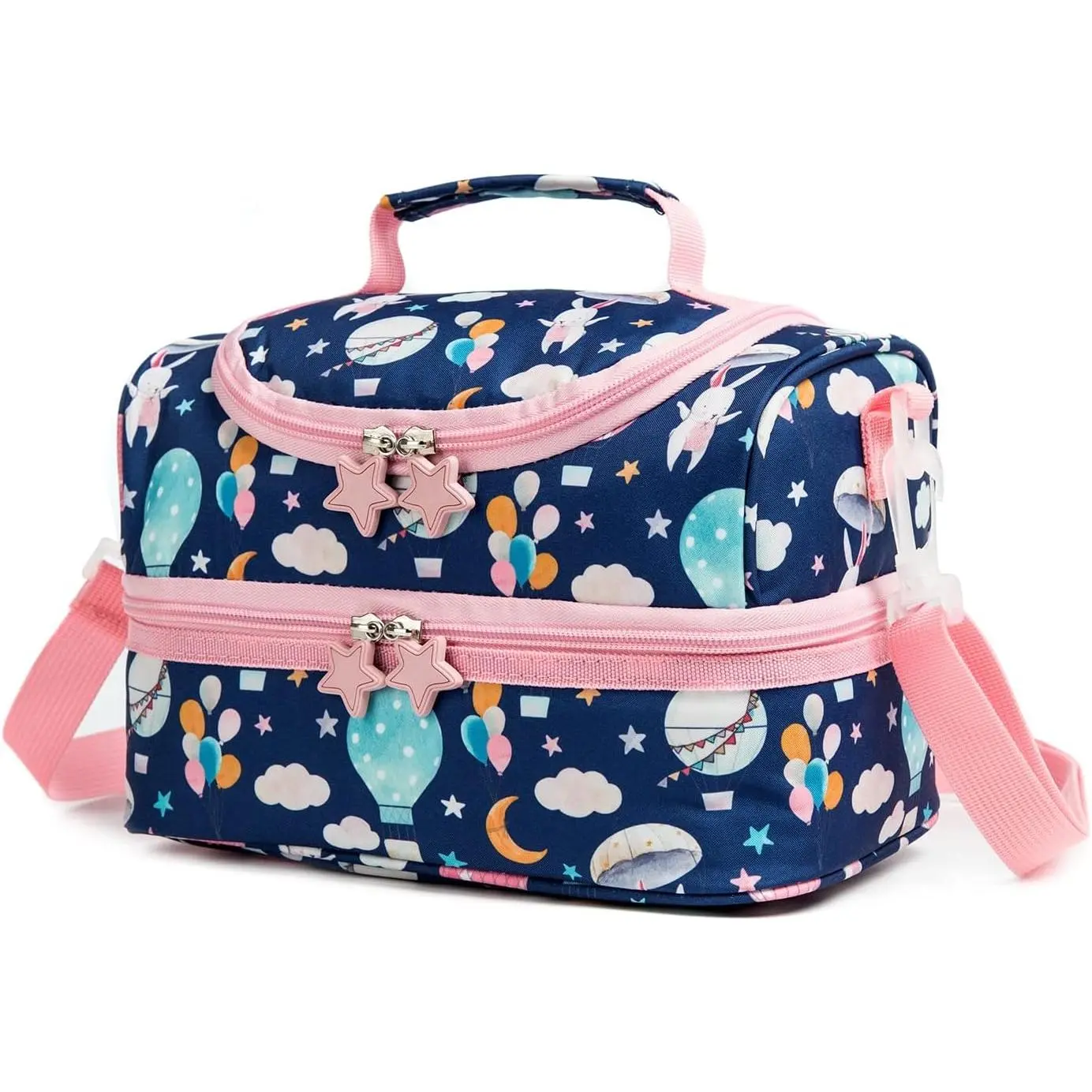 Playful Unisex Kids' Insulated 2-Zone Dual Compartment Lunch Bag Tote with Strap, Bunny Design, for School Trips, Picnic Food Cooler, Hot Water & Ice Storage