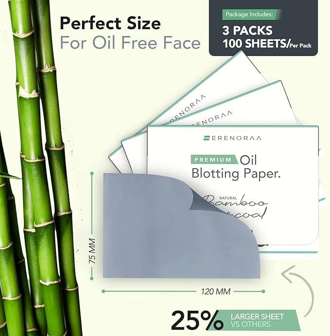 Natural Bamboo Charcoal Oil Blotting Sheets for Face - 3x100 Sheets with Extra Large 5x3" Thick Blotting Paper for Oily Skin - Dispensable Portable Pack - Reduce Skin Acne - Makeup Friendly Gentle Exfoliate
