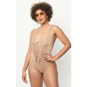 Tan Suede Fringe Bodysuit