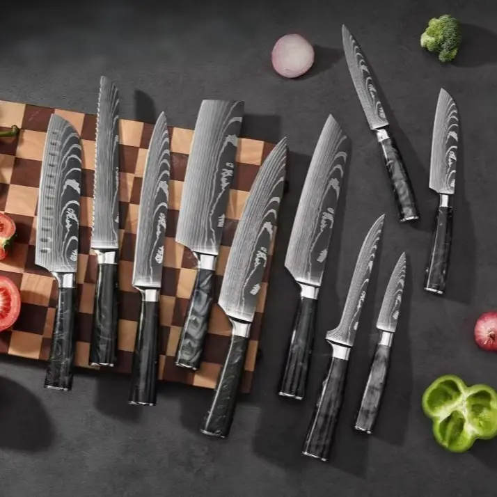 Laser-Patterned Stainless Steel Kitchen Knives Set - Chef, Fruit, San De Slicing Universal, Bone-Cutting Tools