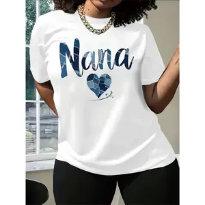 Trendy Nana Graphic Tee for Women - Short Sleeves, Round Neck, Comfortable Fit Featuring Heart And Letter Design, Washable in Machine, Must-Have for Spring, Summer, And Fall, Casual Women'S Round Neck T-Shirt Made of Stretchy Fabric