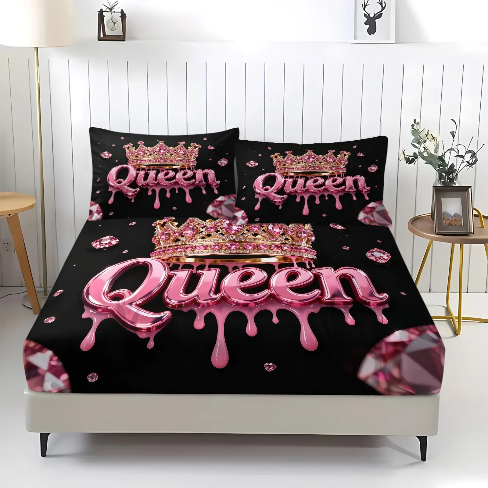 Sparkling Pink Crown Queen Pattern Fitted Sheet, Decor Fitted Sheet, Princess Style Printed Bedding Set, Soft Comfy Bedding (1 Sheet + 2 Pillowcases, No Pillow Insert), Suitable For Girls, Teenagers, Guest Rooms, Dormitories, Bed Linens