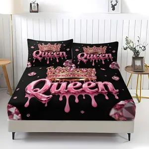 Sparkling Pink Crown Queen Pattern Fitted Sheet, Luxurious Princess Style Bedding Set (1 Sheet + 2 Pillowcases, No Pillow Insert), Suitable For Girls, Teenagers, Fashion Lovers, Guest Rooms, Dormitories, Master Bedroom Scenes