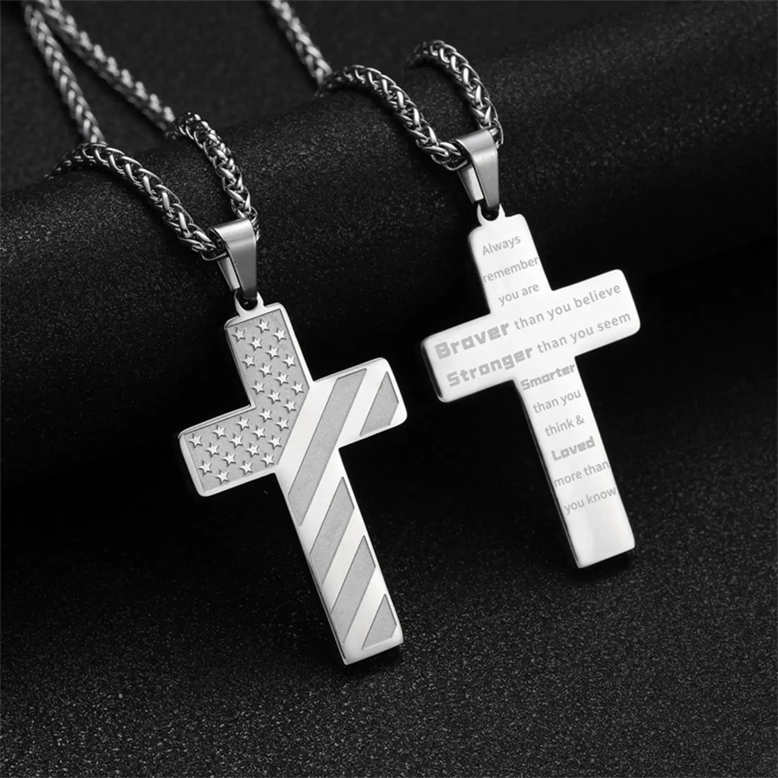 2Pcs American Flag Cross Necklace for Men Women, Stainless Steel Inspirational Bible Verse Pendant, Religious Baptism Communion Christian Jewelry Gift