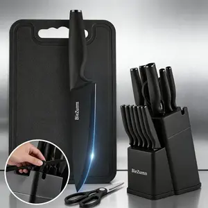3/15 piece professional black coded kitchen knife set with black wooden knife holder, non-slip ABS handle knives, kitchen scissors, ideal Christmas gift for home and restaurant use