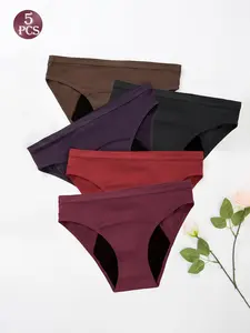 5-Pack Women's Solid Color Period Underwear, Absorbent Leak-Proof Postpartum Panties, High Elastic Comfortable Breathable Cotton Fabric