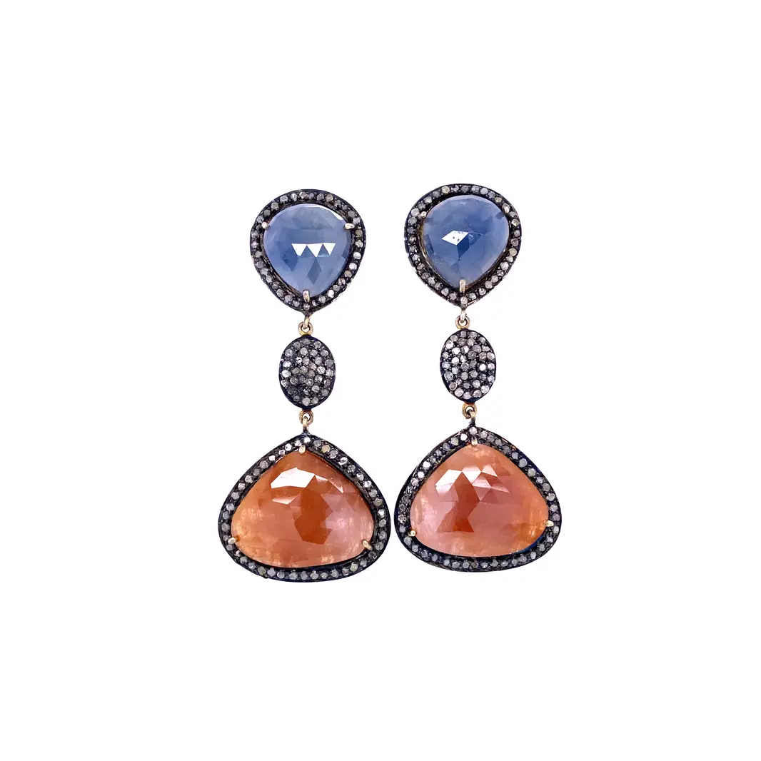 Blue Sapphire, Ruby & Diamond Drop Earrings