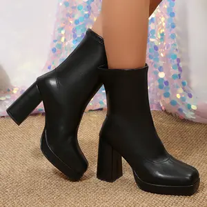 Women's High-Heel Boots Stretchy Platform Boots Chunky Block Heel Ankle Booties for Leg-Lengthening Silhouette