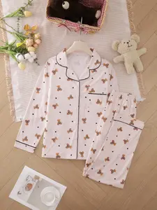 Two-piece Set Women's Heart/ Strawberry Print Pajama Set, Casual Comfy Long Sleeve Lapel Collar Top & Pants Pj Set, Ladies Sleepwear for Spring & Fall