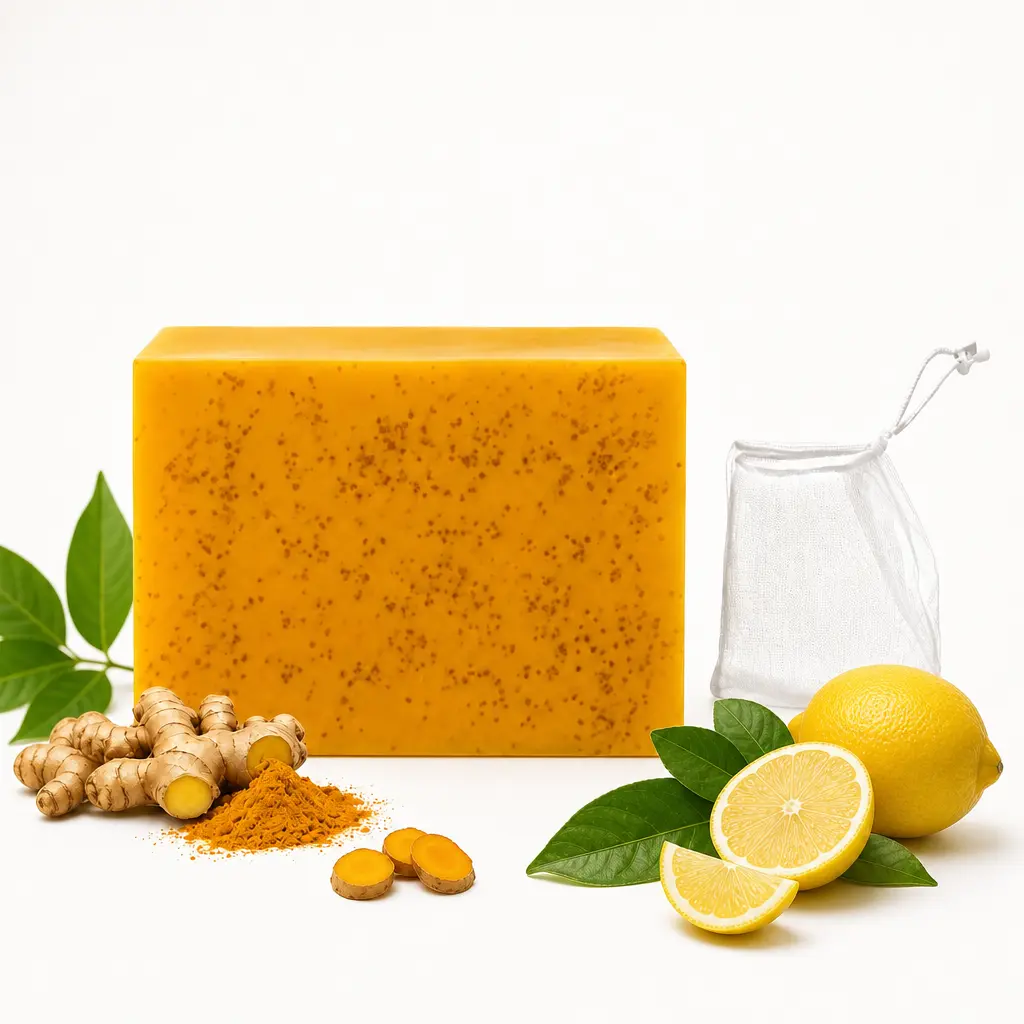 Body Care Bar Soap with Ginger, Lemon & Turmeric, Gentle Exfoliating Facial & Body Cleanser Pack with Foaming Mesh Pouches for All Skin Types