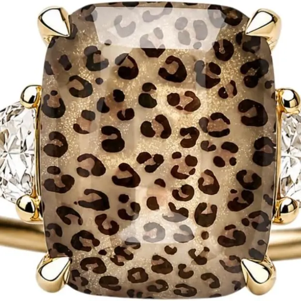 Enamel Leopard Print Ring for Women, Gold Tone Cheetah Animal Pattern Gemstone Ring Rectangle Cut Stone Band Statement Fashion Jewelry Gift