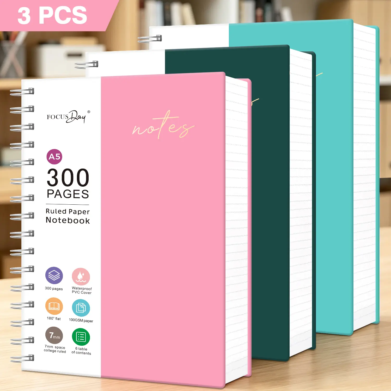 3PCS A5 Spiral Notebook, 300 Pages College Ruled Notebook for Women/Men, PVC Waterproof Cover, Inner Pocket, 100GSM Thick Paper, No Bleed, Hardback Journal Notepad for School Office Home, 5.7" x 8.3"