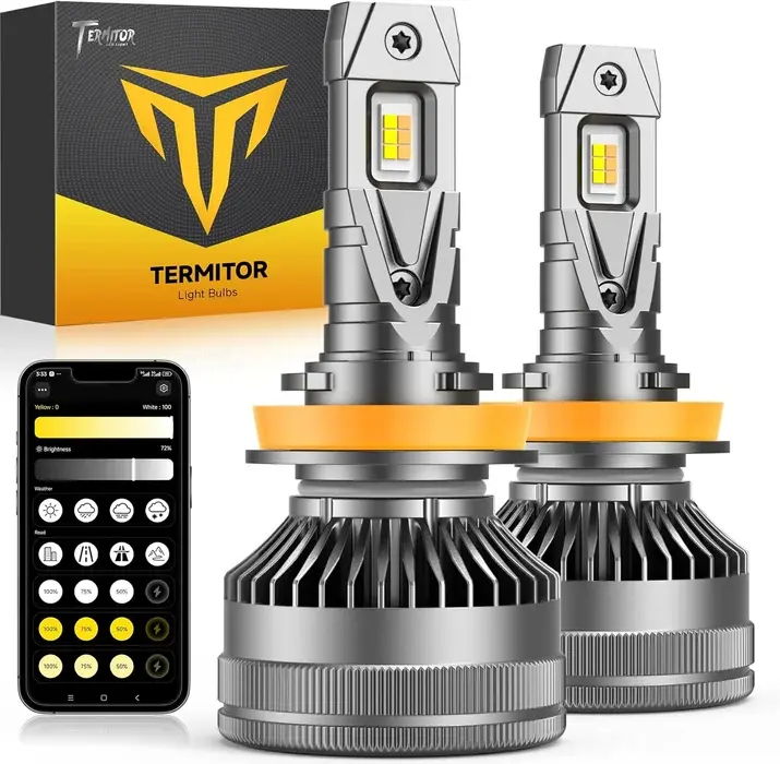 TERMITOR H11 H9 H8 H16 Smart LED Headlight Bulbs 90000LM, APP Bluetooth Control, 3000K-6500K Color Temp & 0-100% Adjustable Brightness, One-Tap Scene Switch, Emergency Strobe, 360° Beam Angle, Plug and Play 2-Pack