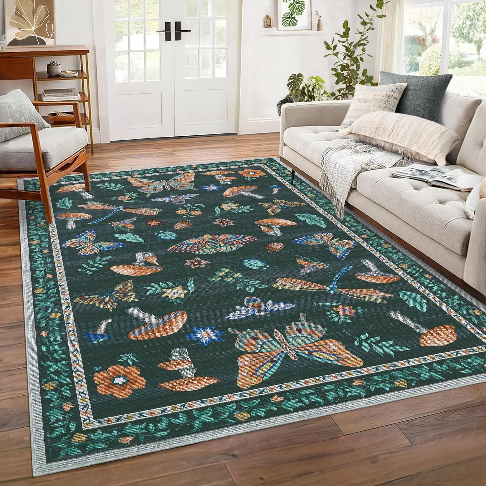 GARVEE Mushroom 8x10 Rug for Living Room and Bedroom - Non-Slip, Washable, Soft Low-Pile Carpet with Rubber Back - Stain Resistant, Foldable Large Rug for Office, Nursery, Dining Room in Black