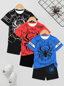 Boys' Spider-Man Set, Summer Short Sleeve Tee & Shorts, Casual Fitted, Random Color Block Prints, Kids Fashion Clothing