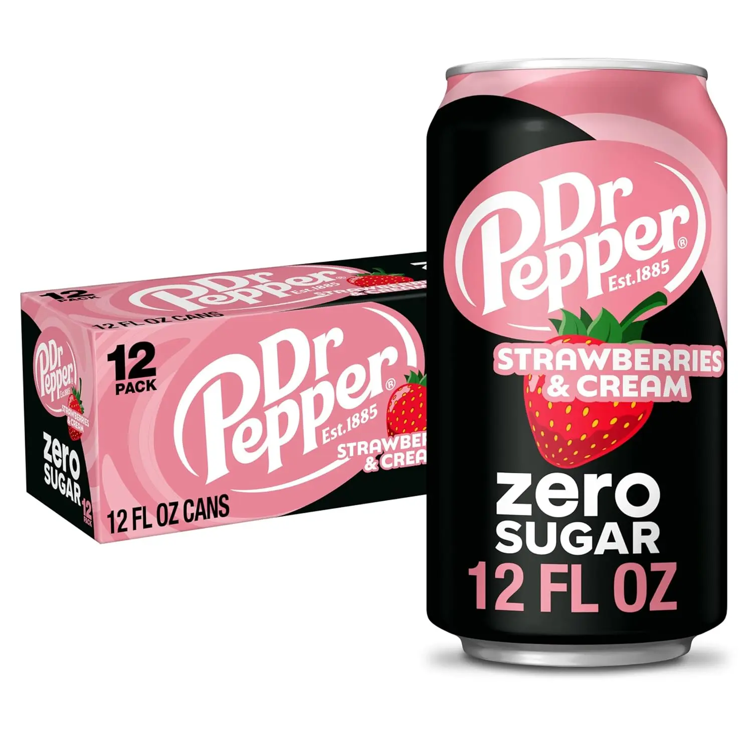 Dr Pepper 0 Sugar Strawberries and Cream Soda, 12 fl oz Cans, 12-Count Pack