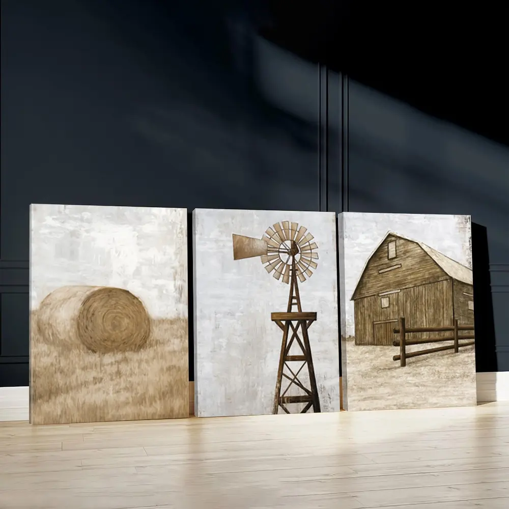 3pcs Rural Scenery Wall Art, Windmill Poster, Barn Art Prints, Vintage Home Decor, Modern Wall Paintings, Cozy Canvas Posters Wall Arts, Decor for Living Room, Restaurant, Kitchen, Bedroom, Housewarming Gift, With Frame
