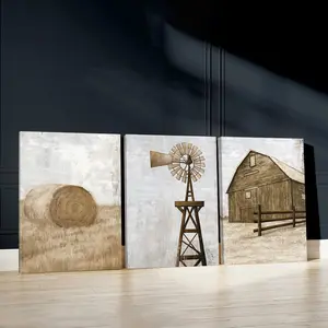 3pcs Rural Scenery Wall Art, Windmill Poster, Barn Art Prints, Vintage Home Decor, Modern Wall Paintings, Cozy Canvas Posters Wall Arts, Decor for Living Room, Restaurant, Kitchen, Bedroom, Housewarming Gift, With Frame