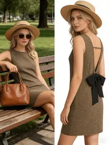 Spring Summer Plaid Gingham Sleeveless Fitted Dress, Round Neck Back Hollow Out Bow Waist Vintage Sweet Girl Dress, Elegant Commuter Date Short Skirt