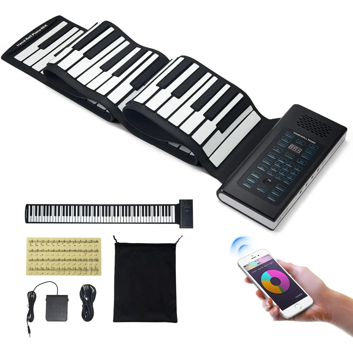 VEVOR Unisex 88-Key Silicone Digital Hand Roll Piano, Portable Electronic Keyboard with 128 Rhythms, 2W Speaker, Digital Display, 5 Different Ports, MIDI, Rechargeable Batteries, Teaching Functions for Kids Home Practice (BR-A-88)