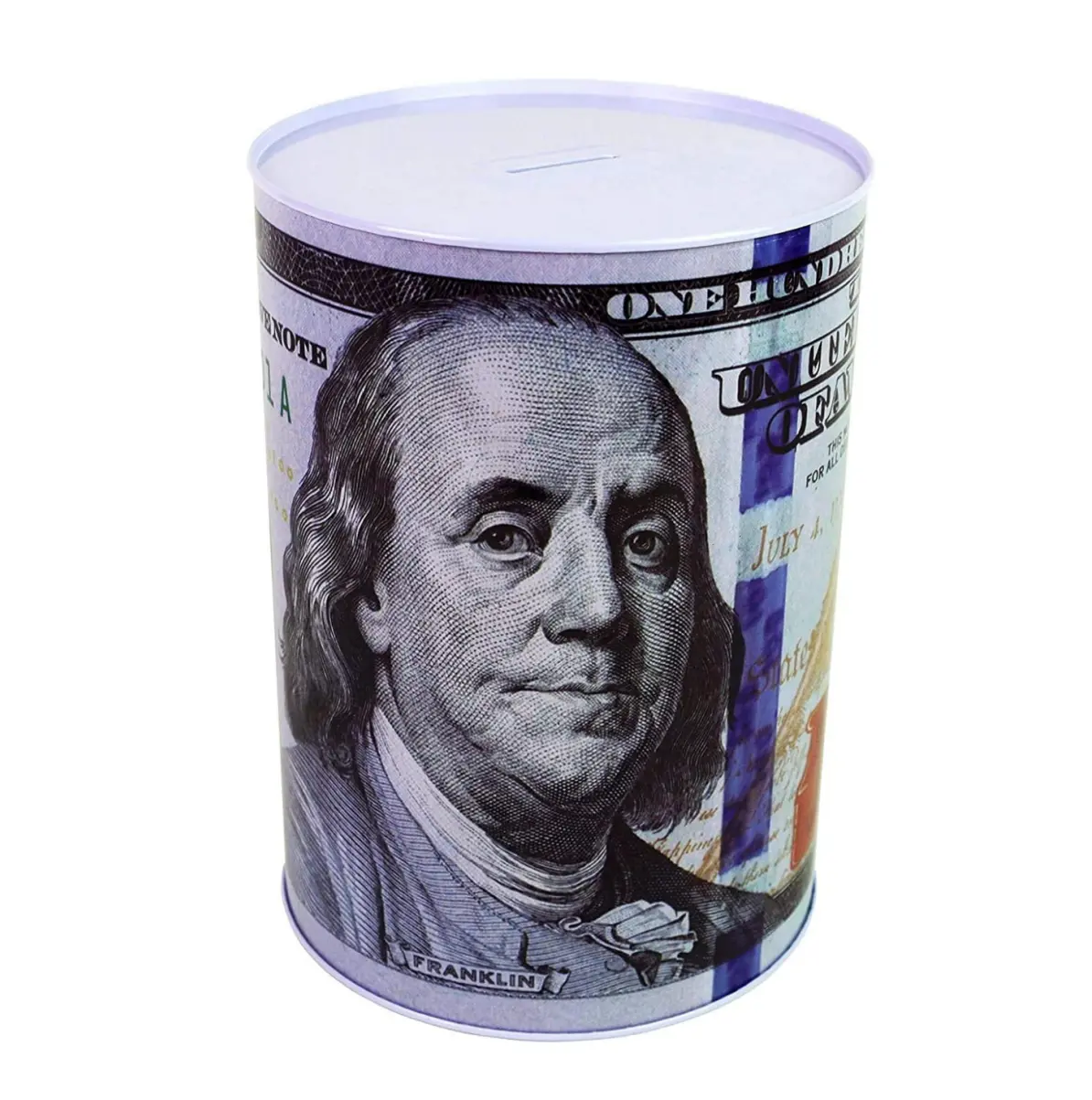 Benjamin Franklin $100 Dollar Bill Tin Piggy Bank, 5.875 in Tall, Decorative Coin Saving Jar for Home Supplies & Home Decor,Idea Gifts for Friend