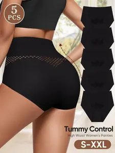 Women's High Waist Abdominal Control Panties, Breathable Butt Lifting Triangle Underwear, Comfortable Fit, Pack of 5