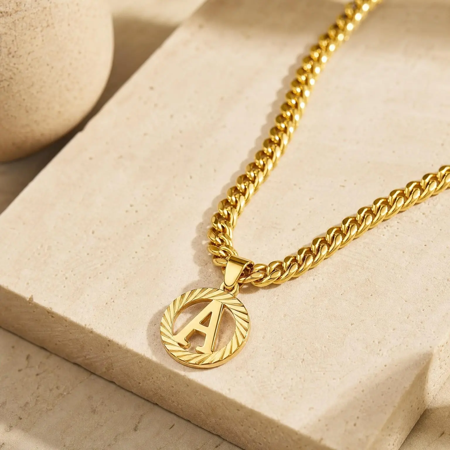 14K Gold Plated Initial Necklace, Round Hollow Letter Pendant, 5mm Cuban Chain, A-Z Alphabet Monogram, Dainty Jewelry for Women Men