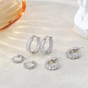 Three Pairs 14K Gold-Plated Hoop Earrings Set with Rhinestone Cubic Zirconia Elegant Daily Wear Gold Jewelry for Women Chunky Small Huggie Earrings, Valentine's Day Gift, summervibes