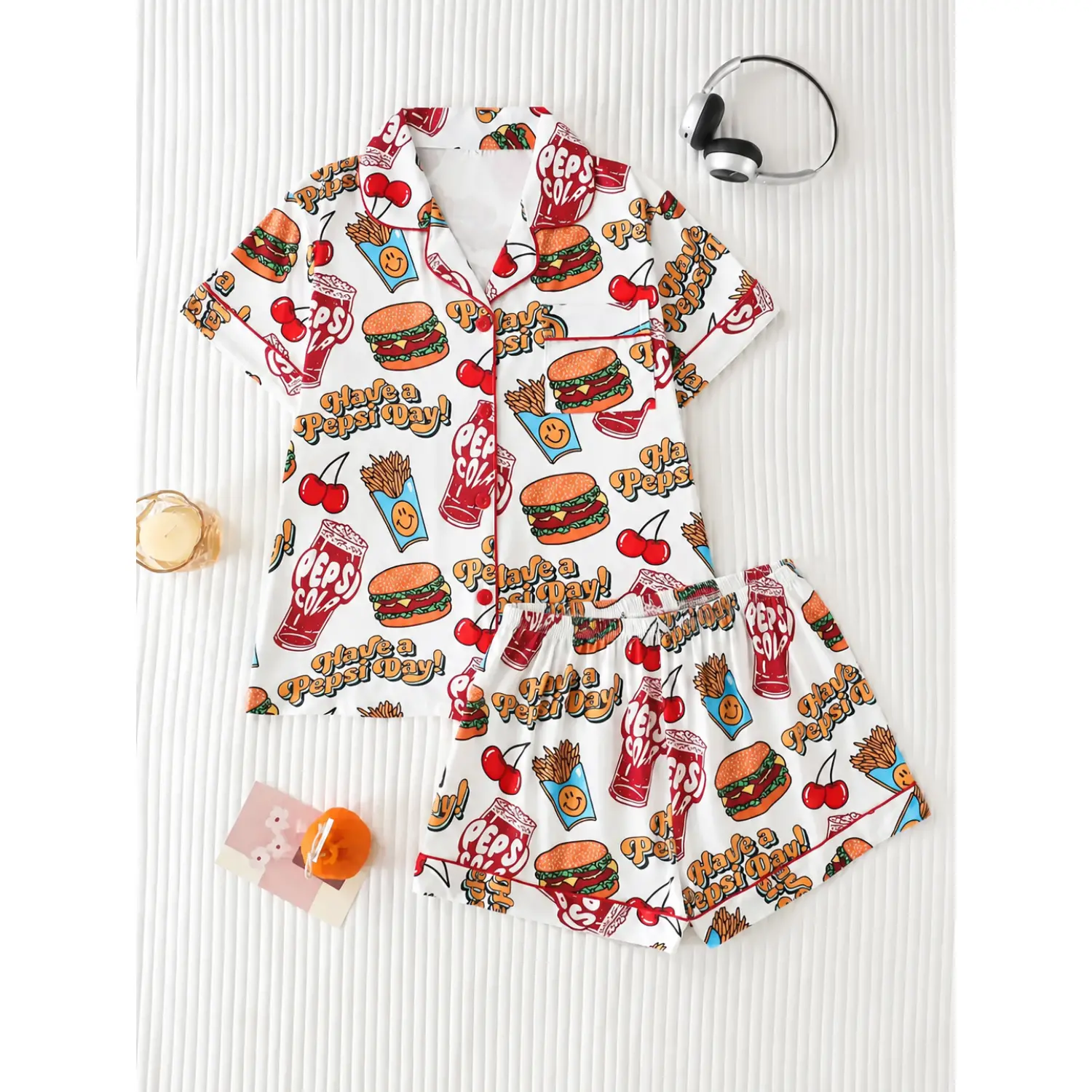 Two-Piece American Fast Food Print Women's Silk Pajama Set - Soft & Lightweight Nightwear and Loungewear