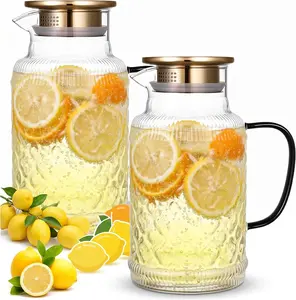Glass Pitcher with Lid, 2 PACK 68 oz/2L Liter Vintage Water Pitcher, Clear Borosilicate Glass Water Carafe for Cold Brew, Coffee, Lemonade, Iced Tea,Beverage, Heat Resistant