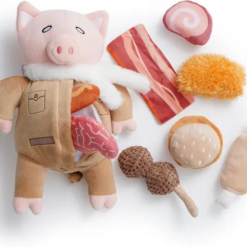 Nocciola Cartoon Animal Print Plush Pig Dog Toy, 9-in-1 Puzzle Toy with 8 Squeak & Crinkle Pork Food Inserts, Durable and Safe Plush for Long Play, Sealed Belly Treat Hide for Small-Medium Dogs, Interactive Training & Enrichment, Self-Adhesive Fastener