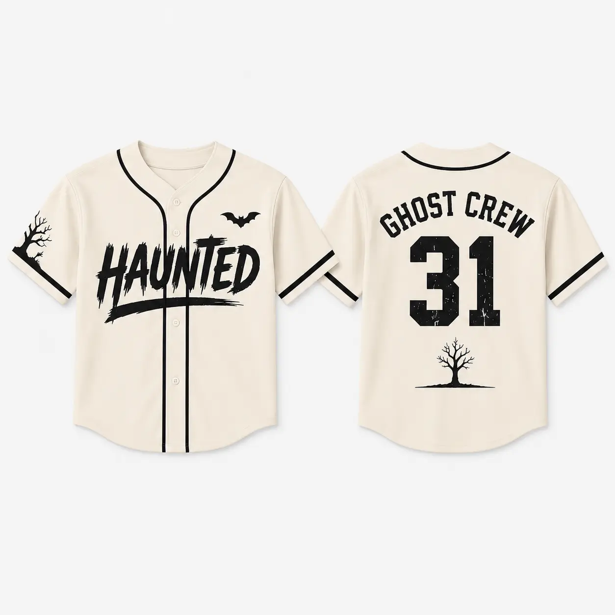 Haunted Ghost Crew Baseball Jersey, Number 31 Spooky Halloween Button Up Shirt, Unisex October Party Top
