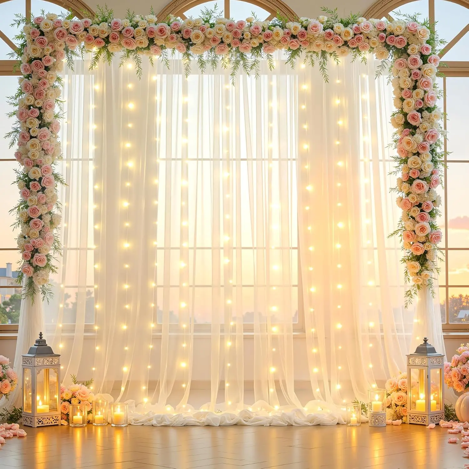 Hangable Polyester 5ft x 10ft 2-Panel Full Length Wall Backdrop Curtain with String Lights, Sheer Tulle Drapes, White Backdrop Curtains for Wedding Photography, Room Decor