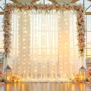 5ft x 10ft 2 Panels Backdrop Curtain with Lights String for Parties, Sheer Tulle Wedding Photo Backdrops Drapes for Baby Shower Birthday Party Decorations Background for Photography