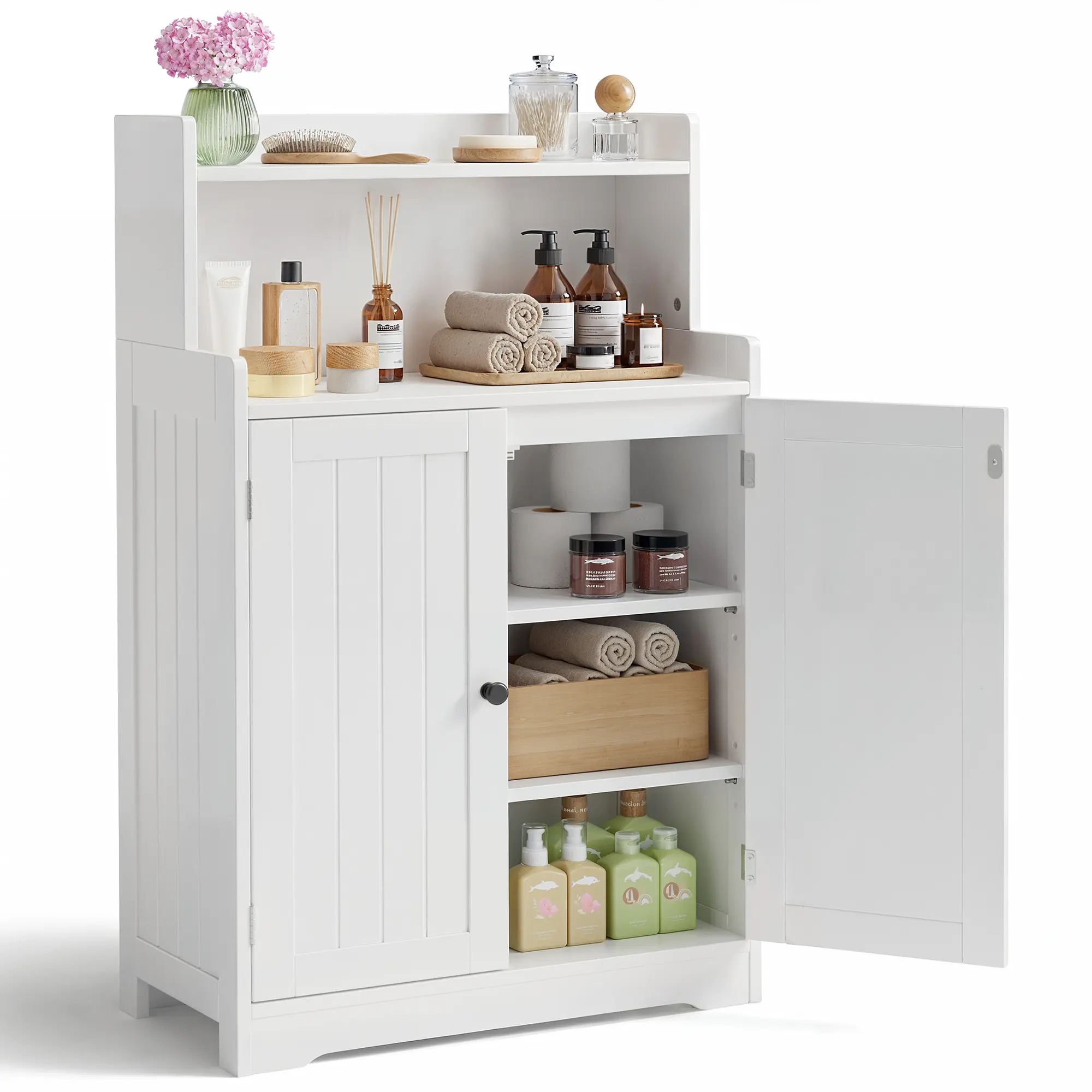 Gizoon Adjustable Side Cabinet - 40"H Sturdy Wood Double-Door Floor-Mounted Tall Cupboard with 2 Adjustable Shelves, Assembly Required, Space Saving Furniture for Bathroom, Kitchen, White